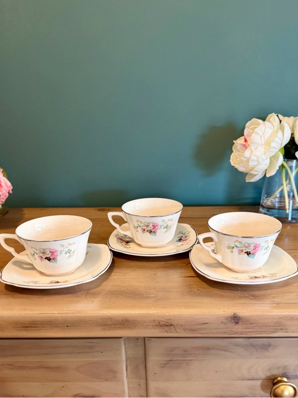 Paden City Pottery Floral Teacup Saucer Set 3 USA Vintage